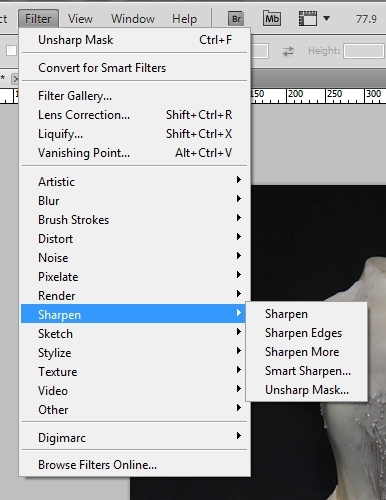 Sharpen filter menu in Photoshop